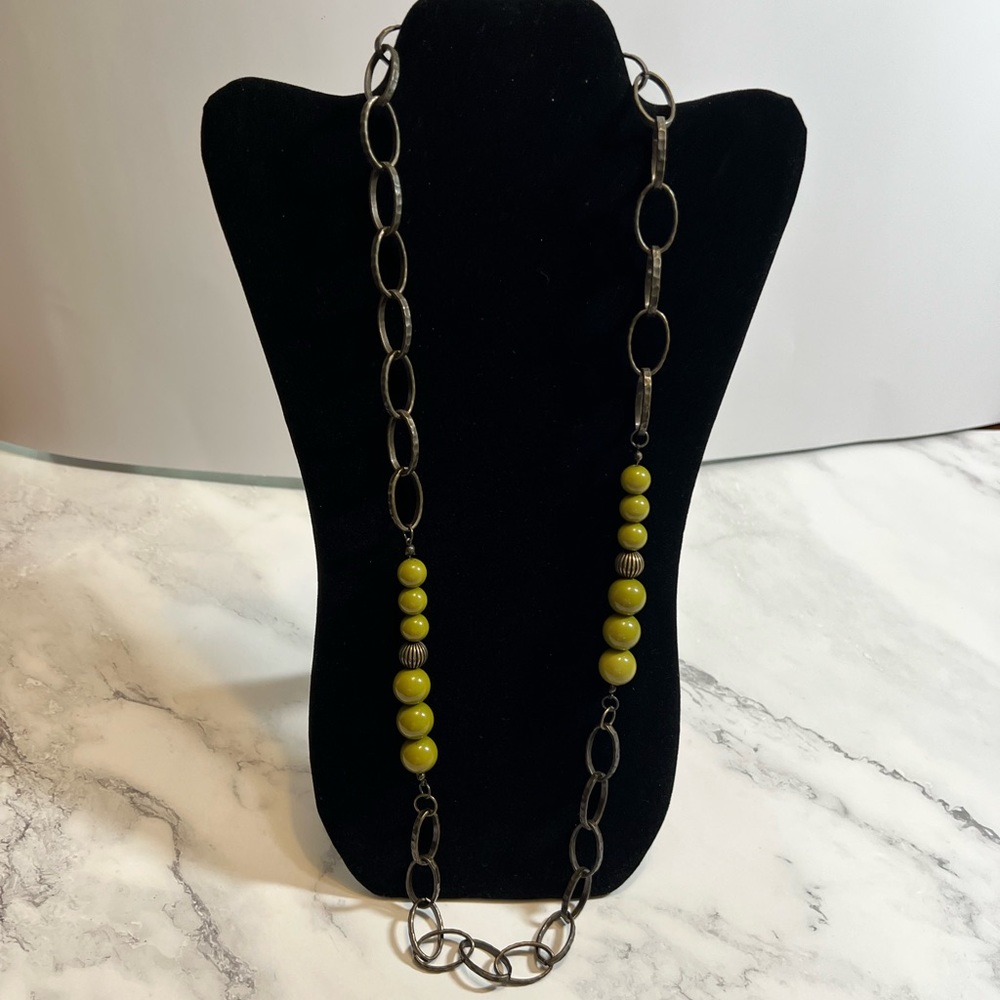 34" Bronze Metal Chain With Green Beads Necklace NEW